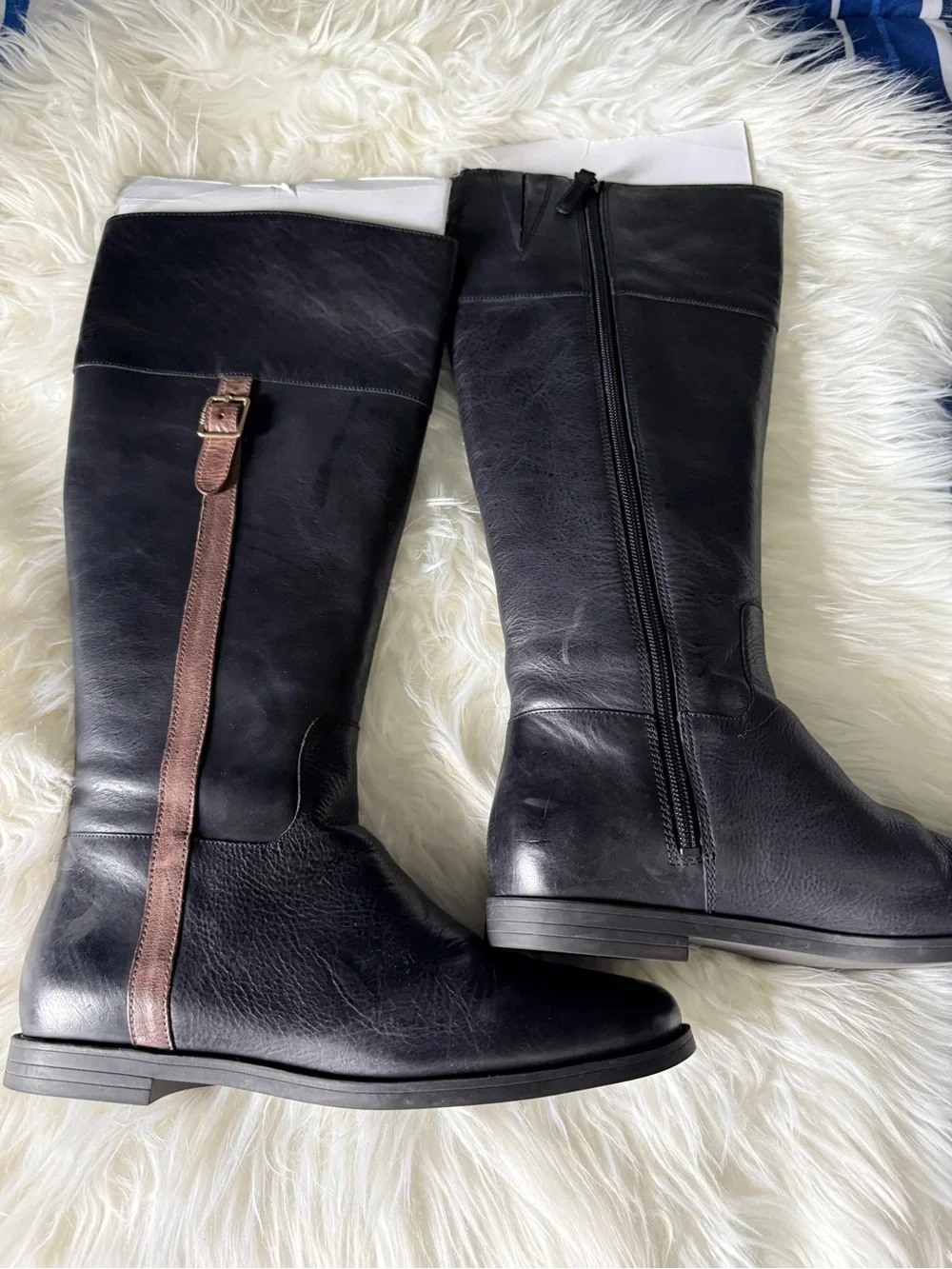 Cole Haan Black Leather Over-The-Knee Boots with Brown Strap